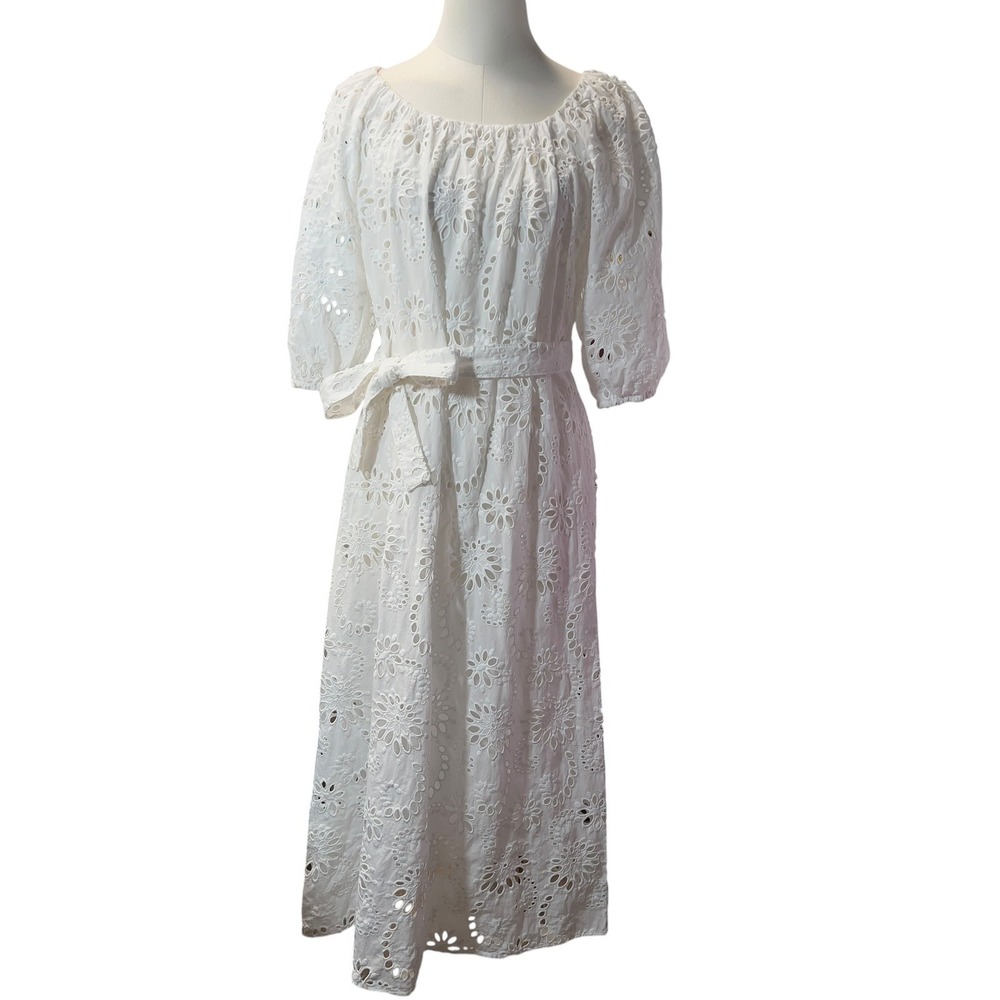BOSS Dolara Crisp White Cotton Floral Eyelet Belt Midi Dress Slip Lining Size 0 - Picture 2 of 13